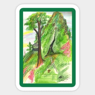 Green Grass Forest Land Trees Cave Mountain Woods Pink Sky Rock Colored Pencil Sticker